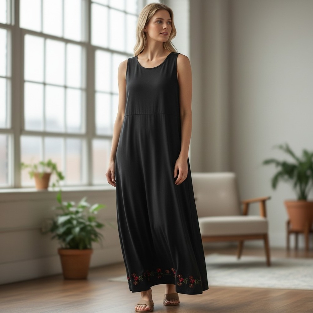 Vintage Embroidered Floral Maxi Dress Sleeveless Women M Black Jane Ashley